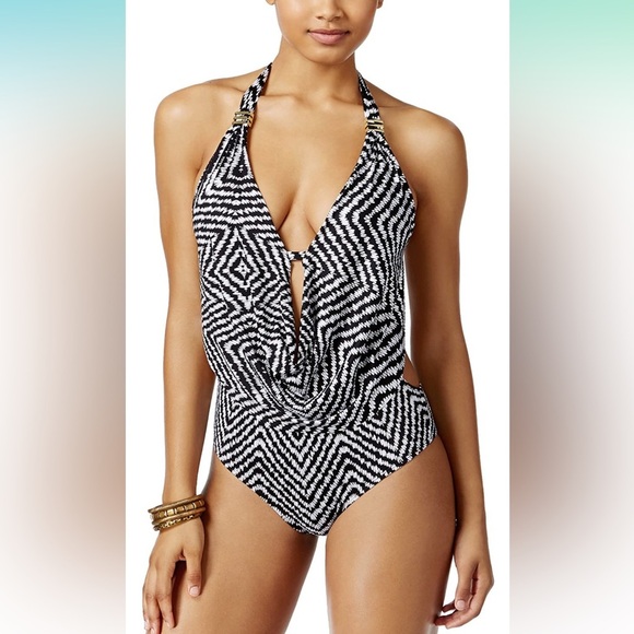 Bar III Cabo cowlneck drapey black white zigzag One-Piece monokini Swimsuit. S - Picture 1 of 11